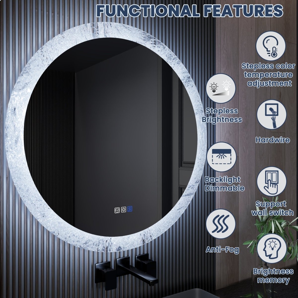 Glacy Series 36" x 36" Round LED Bathroom Mirror – Ice Textures Edge, Smart Dimming, Defogger, ETL Certified - ExBriteUSA