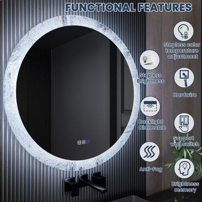 Glacy Series 36" x 36" Round LED Bathroom Mirror – Ice Textures Edge, Smart Dimming, Defogger, ETL Certified - ExBriteUSA