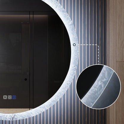 Glacy Series 36" x 36" Round LED Bathroom Mirror – Ice Textures Edge, Smart Dimming, Defogger, ETL Certified