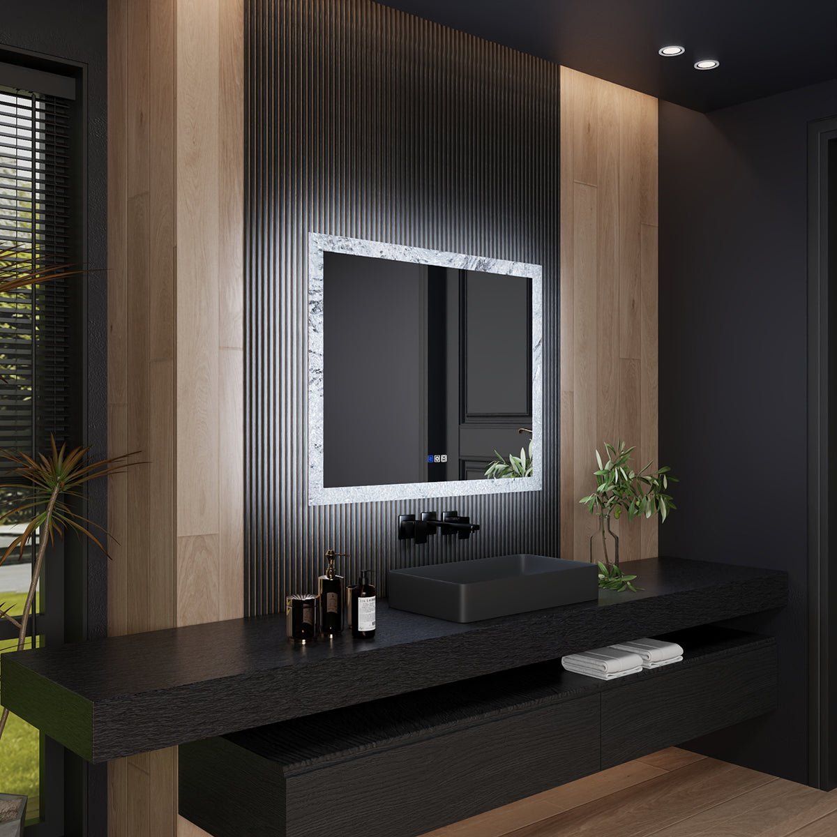 Glacy Series 40" x 32" Rectangle LED Bathroom Mirror – Ice Textures Edge, Smart Dimming, Defogger, ETL Certified