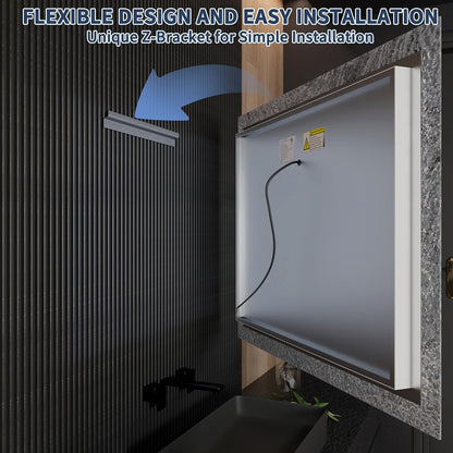 Glacy Series 40" x 32" Rectangle LED Bathroom Mirror – Ice Textures Edge, Smart Dimming, Defogger, ETL Certified