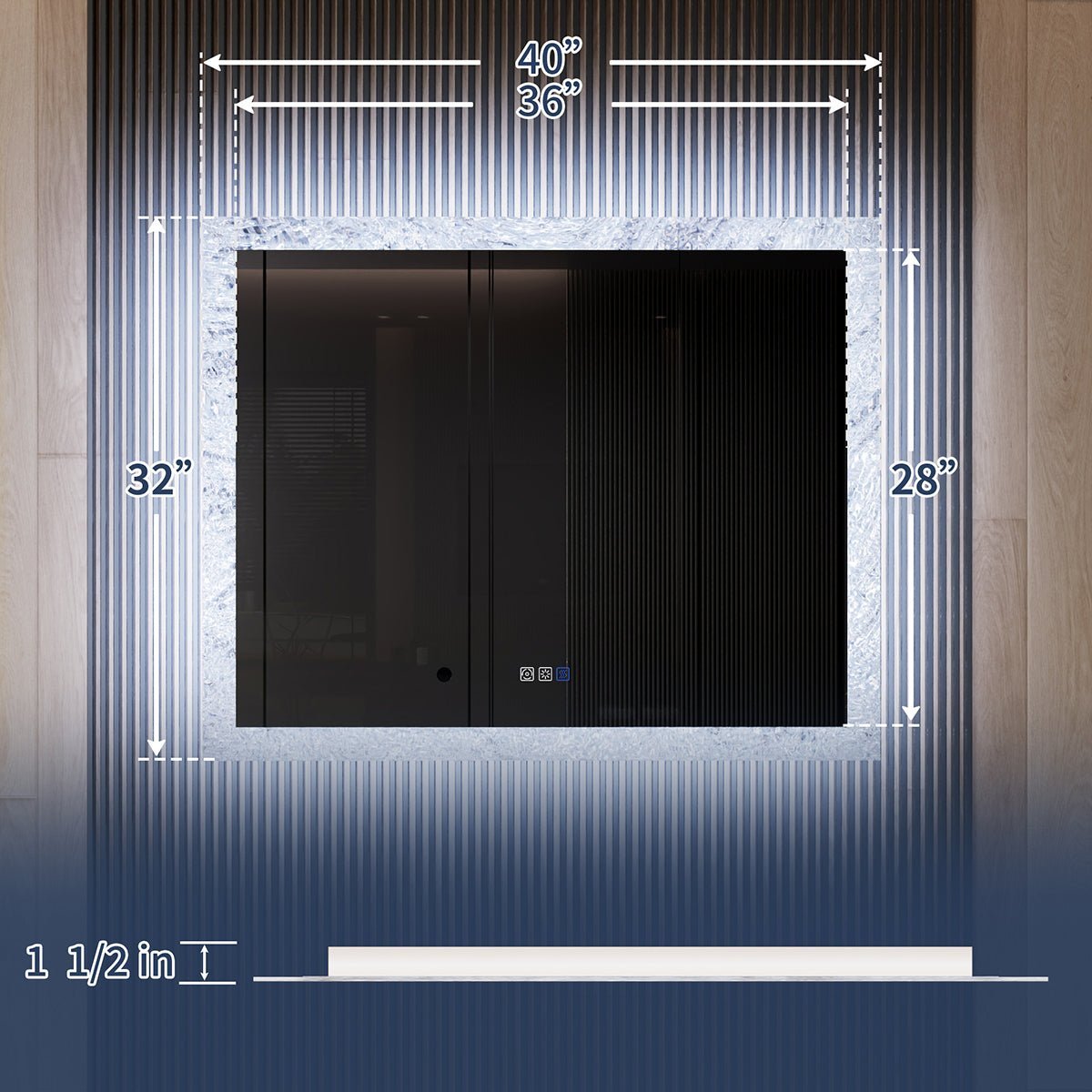 Glacy Series 40" x 32" Rectangle LED Bathroom Mirror – Ice Textures Edge, Smart Dimming, Defogger, ETL Certified