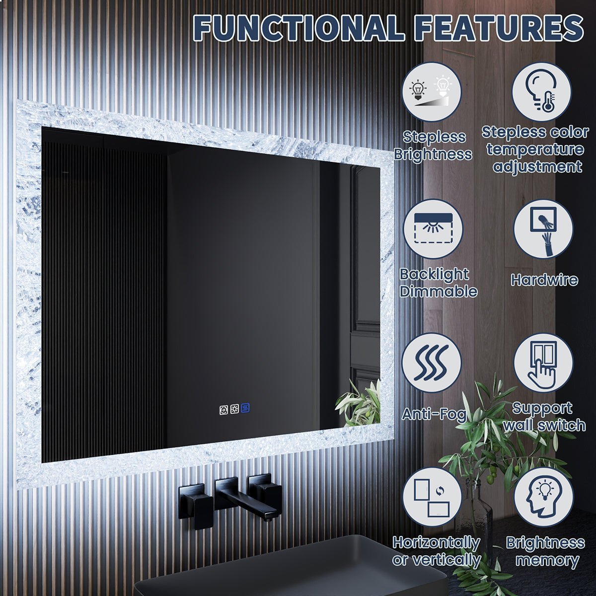 Glacy Series 40" x 32" Rectangle LED Bathroom Mirror – Ice Textures Edge, Smart Dimming, Defogger, ETL Certified