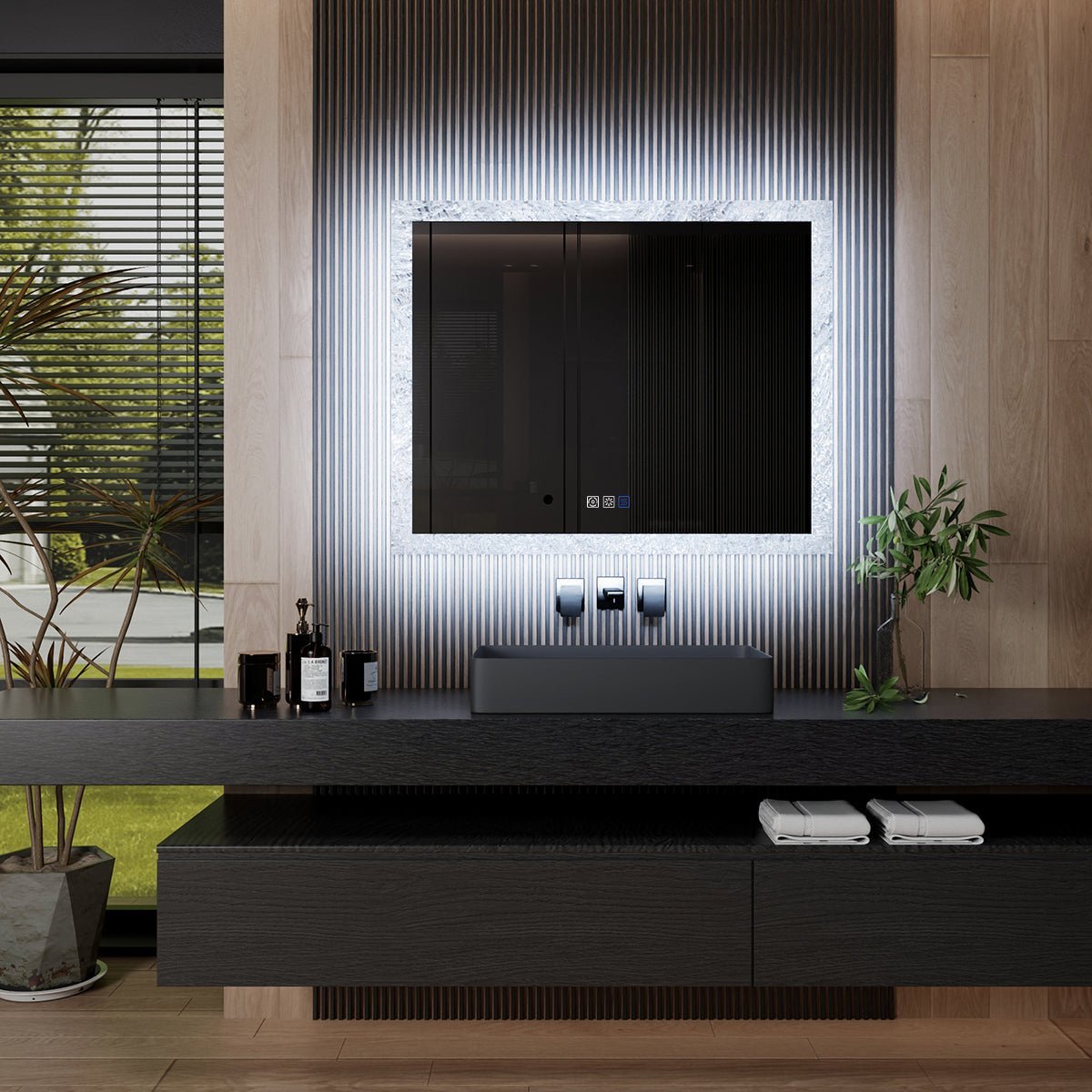 Glacy Series 40" x 32" Rectangle LED Bathroom Mirror – Ice Textures Edge, Smart Dimming, Defogger, ETL Certified
