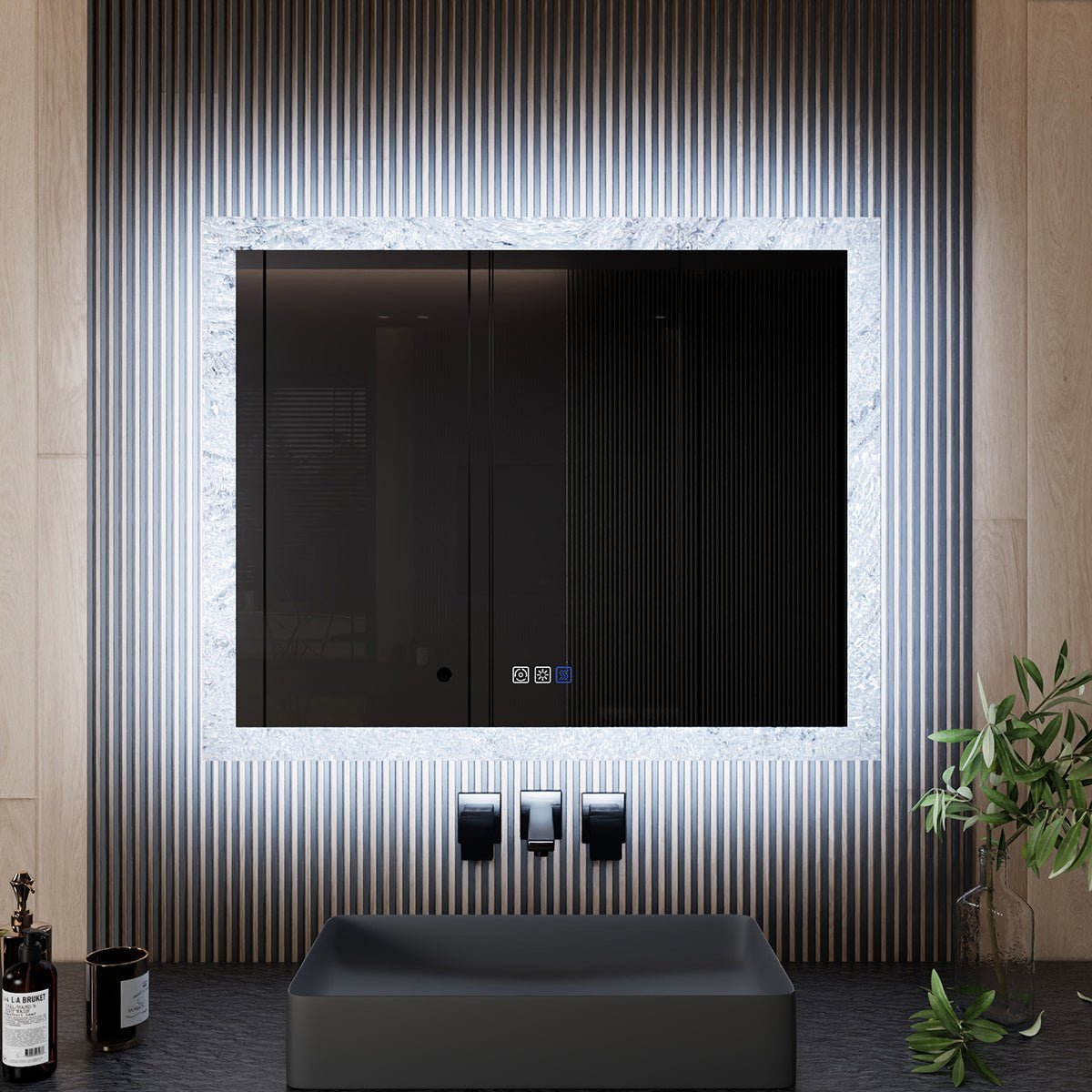 Glacy Series 40" x 32" Rectangle LED Bathroom Mirror – Ice Textures Edge, Smart Dimming, Defogger, ETL Certified