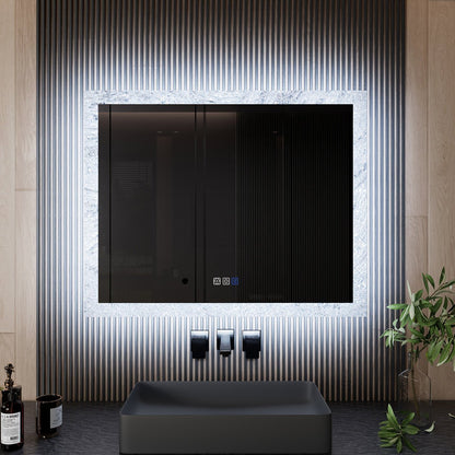 Glacy Series 40" x 32" Rectangle LED Bathroom Mirror – Ice Textures Edge, Smart Dimming, Defogger, ETL Certified