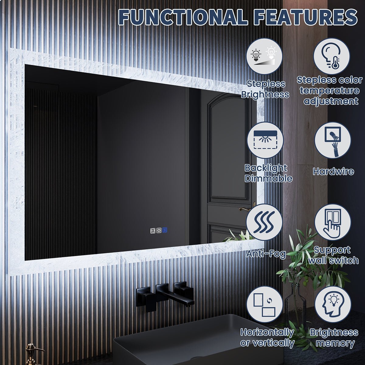 Glacy Series 48" x 32" Rectangle LED Bathroom Mirror – Ice Textures Edge, Smart Dimming, Defogger, ETL Certified