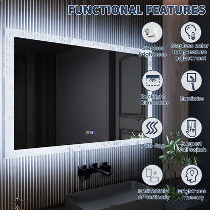 Glacy Series 48" x 32" Rectangle LED Bathroom Mirror – Ice Textures Edge, Smart Dimming, Defogger, ETL Certified