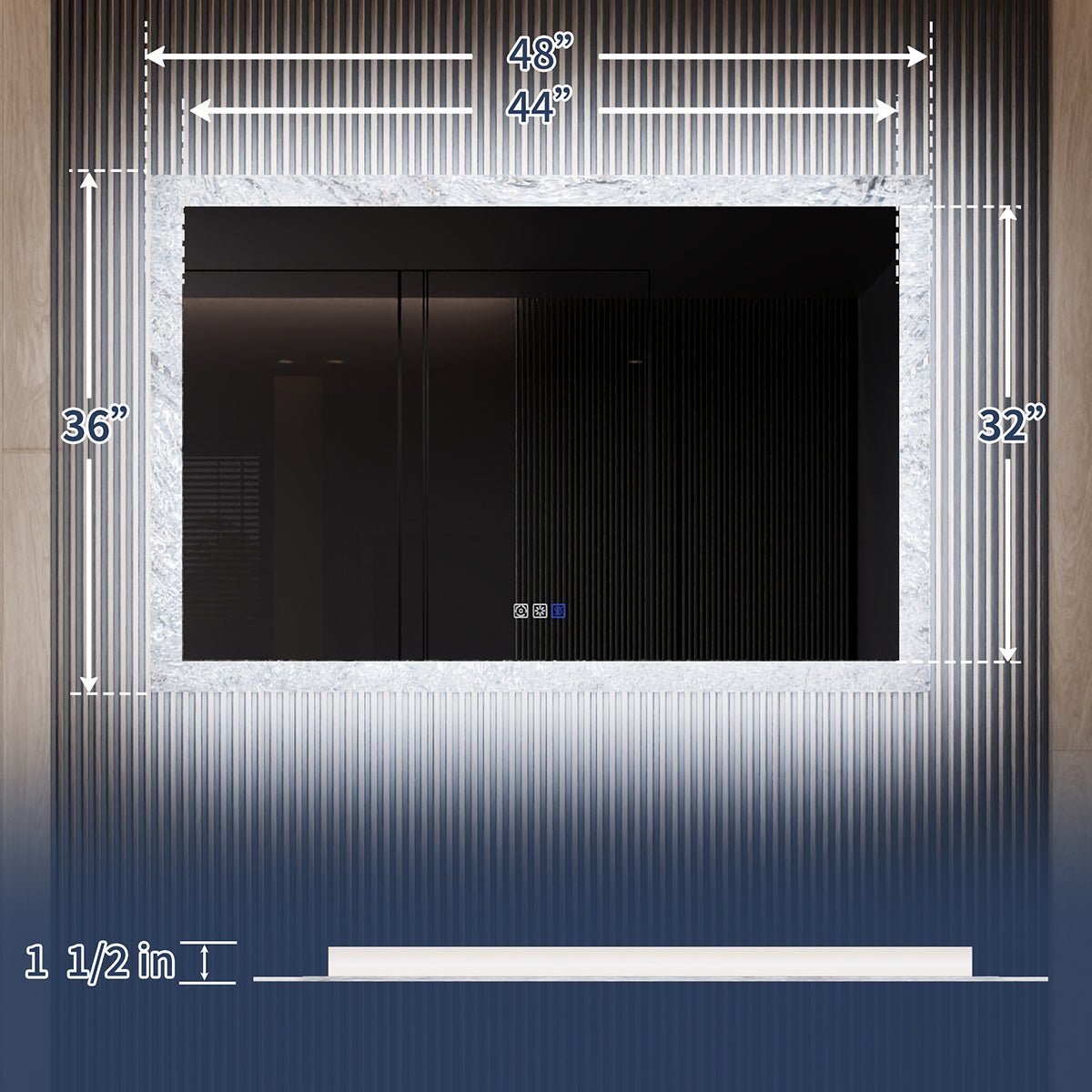 Glacy Series 48" x 32" Rectangle LED Bathroom Mirror – Ice Textures Edge, Smart Dimming, Defogger, ETL Certified