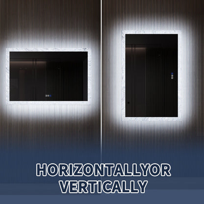 Glacy Series 48" x 32" Rectangle LED Bathroom Mirror – Ice Textures Edge, Smart Dimming, Defogger, ETL Certified