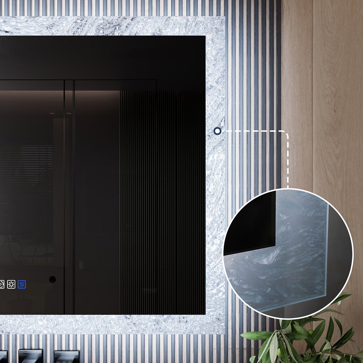 Glacy Series 48" x 32" Rectangle LED Bathroom Mirror – Ice Textures Edge, Smart Dimming, Defogger, ETL Certified