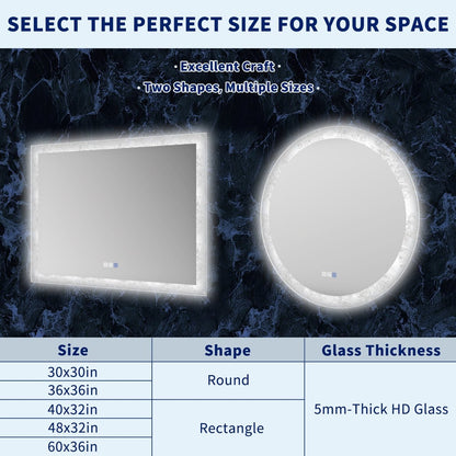 Glacy Series 48" x 32" Rectangle LED Bathroom Mirror – Ice Textures Edge, Smart Dimming, Defogger, ETL Certified