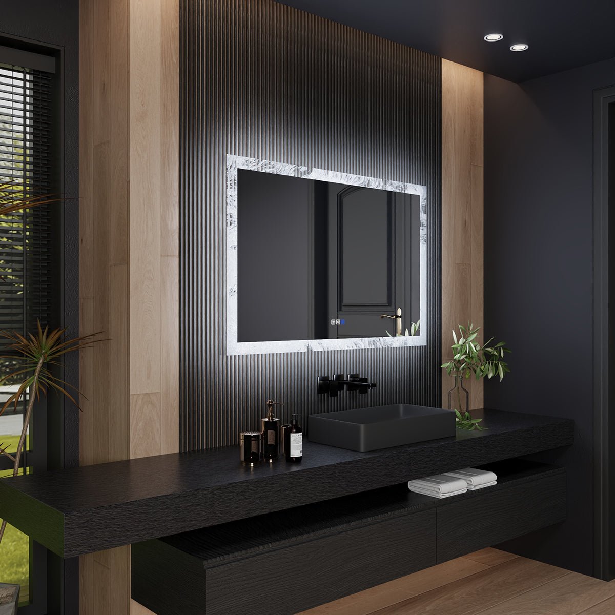 Glacy Series 48" x 32" Rectangle LED Bathroom Mirror – Ice Textures Edge, Smart Dimming, Defogger, ETL Certified