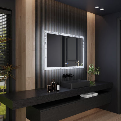 Glacy Series 48" x 32" Rectangle LED Bathroom Mirror – Ice Textures Edge, Smart Dimming, Defogger, ETL Certified