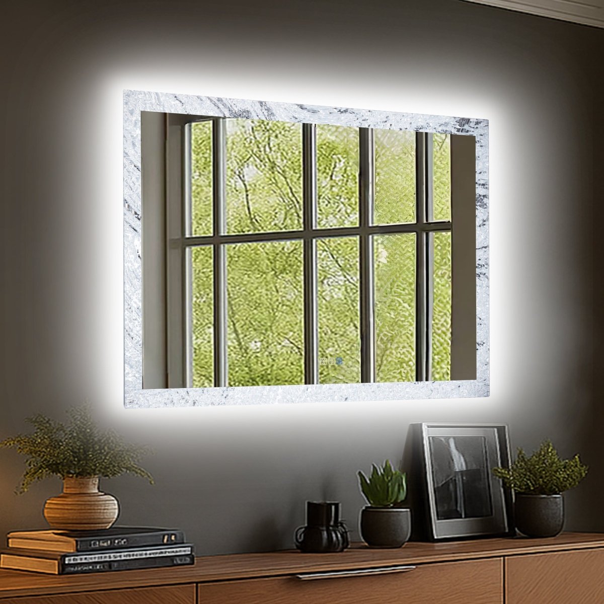 Glacy Series 48" x 32" Rectangle LED Bathroom Mirror – Ice Textures Edge, Smart Dimming, Defogger, ETL Certified - ExBriteUSA