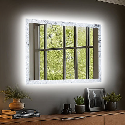 Glacy Series 48" x 32" Rectangle Lighted Bathroom Mirrors – Ice Textures Edge, Smart Dimming, Defogger, ETL Certified