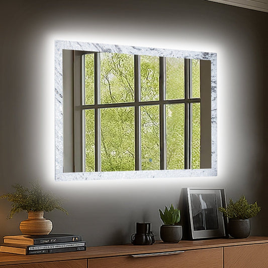 Glacy Series 48" x 32" Rectangle LED Bathroom Mirror – Ice Textures Edge, Smart Dimming, Defogger, ETL Certified - ExBriteUSA