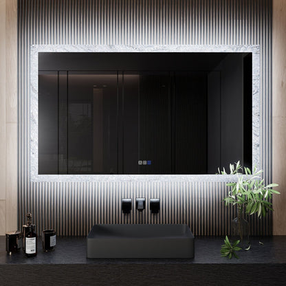 Glacy Series 60" x 36" Rectangle LED Bathroom Mirror – Ice Textures Edge, Smart Dimming, Defogger, ETL Certified