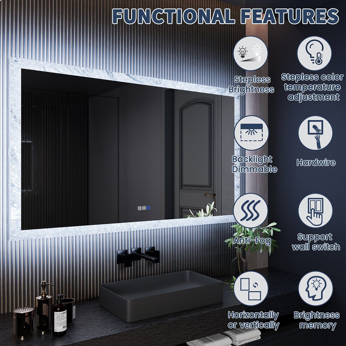 Glacy Series 60" x 36" Rectangle LED Bathroom Mirror – Ice Textures Edge, Smart Dimming, Defogger, ETL Certified