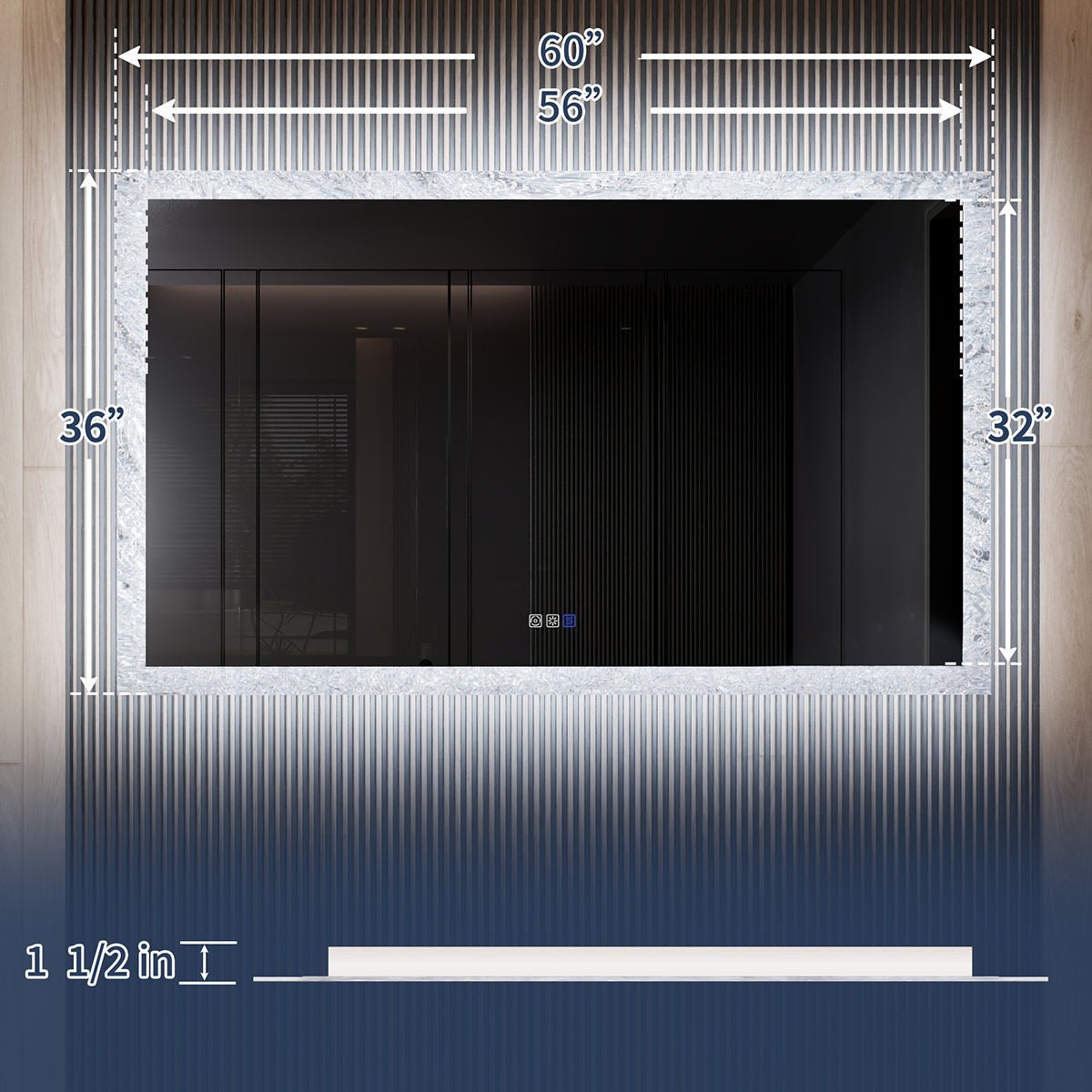 Glacy Series 60" x 36" Rectangle LED Bathroom Mirror – Ice Textures Edge, Smart Dimming, Defogger, ETL Certified
