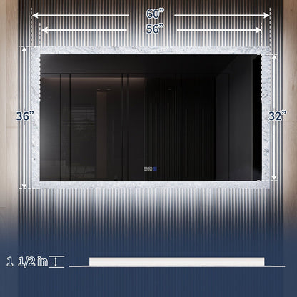 Glacy Series 60" x 36" Rectangle LED Bathroom Mirror – Ice Textures Edge, Smart Dimming, Defogger, ETL Certified