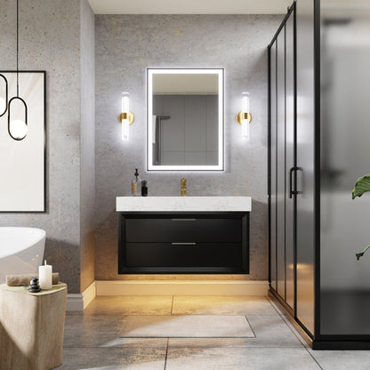 Glam 36" Black Floating Vanity 36 Modern Bathroom Cabinet with Lights and Stone Slab Countertop, Single Sink