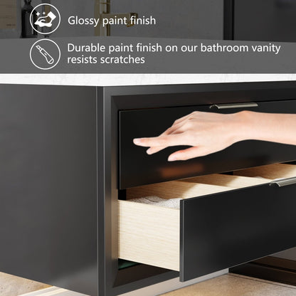 Glam 36" Black Floating Vanity 36 Modern Bathroom Cabinet with Lights and Stone Slab Countertop, Single Sink