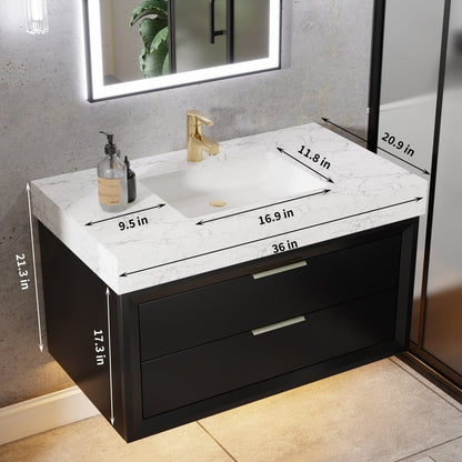 Glam 36" Black Floating Vanity 36 Modern Bathroom Cabinet with Lights and Stone Slab Countertop, Single Sink
