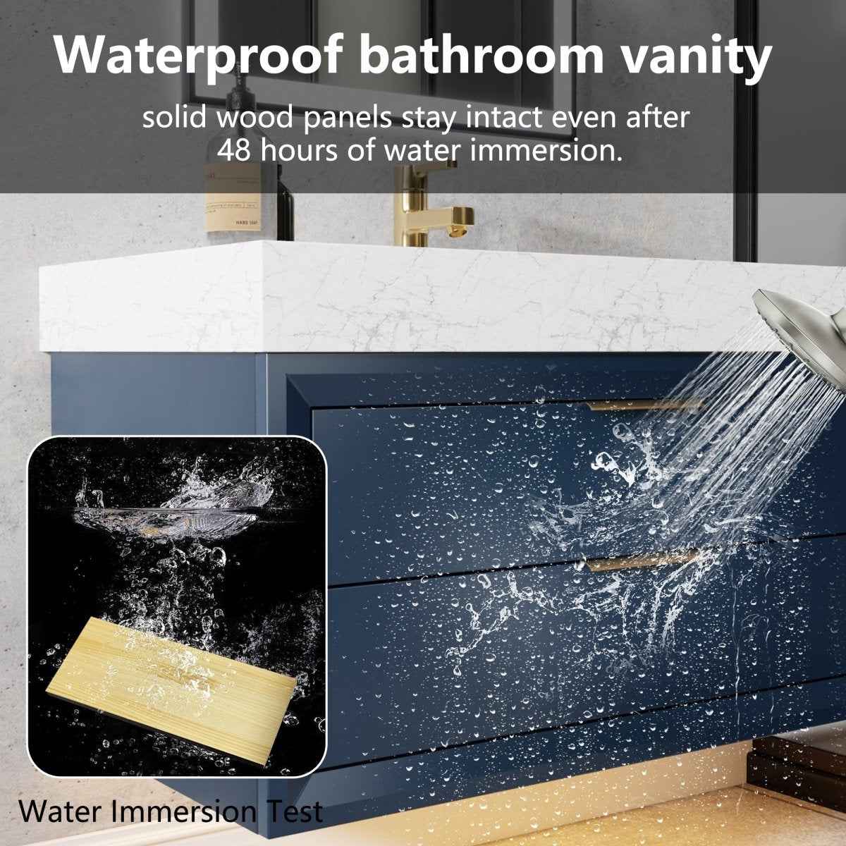 Glam 36" (Only VanityBase)Modern Floating Blue Rubberwood Bathroom Vanity Cabinet with Lights and Stone Slab Countertop, Single Sinks