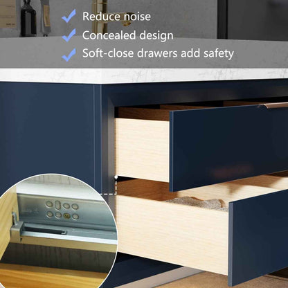Glam 36" (Only VanityBase)Modern Floating Blue Rubberwood Bathroom Vanity Cabinet with Lights and Stone Slab Countertop, Single Sinks