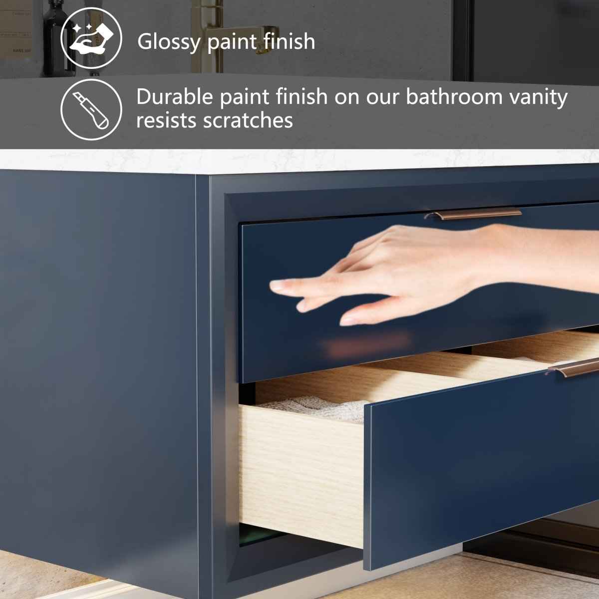 Glam 36" (Only VanityBase)Modern Floating Blue Rubberwood Bathroom Vanity Cabinet with Lights and Stone Slab Countertop, Single Sinks