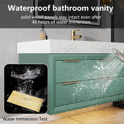 Glam 48" Modern Floating Green Rubberwood Bathroom Vanity Cabinet with Lights and Stone Slab Countertop, Dual Sinks