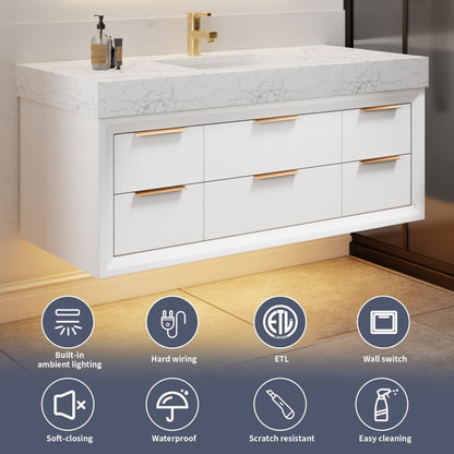 Glam 48" Modern Floating White Rubberwood Bathroom Vanity Cabinet with Lights and Stone Slab Countertop, Single Sinks