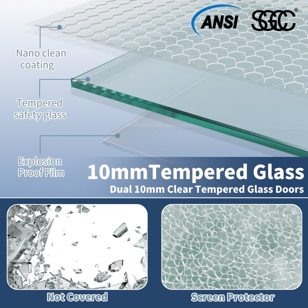 10mm tempered glass with features highlighted and ANSI and SGC logos.