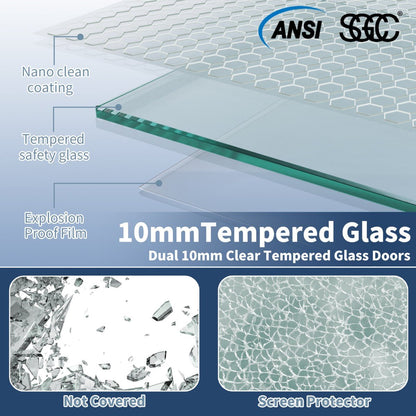 10mm tempered glass with features highlighted and ANSI and SGC logos.