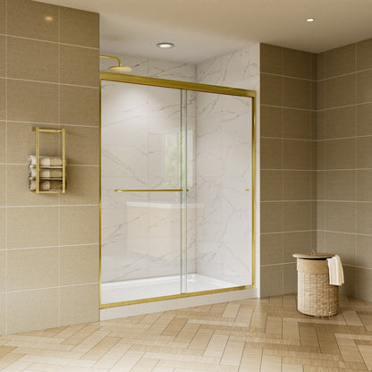 Modern bathroom with a shower enclosure, gold fixtures, and a woven basket.