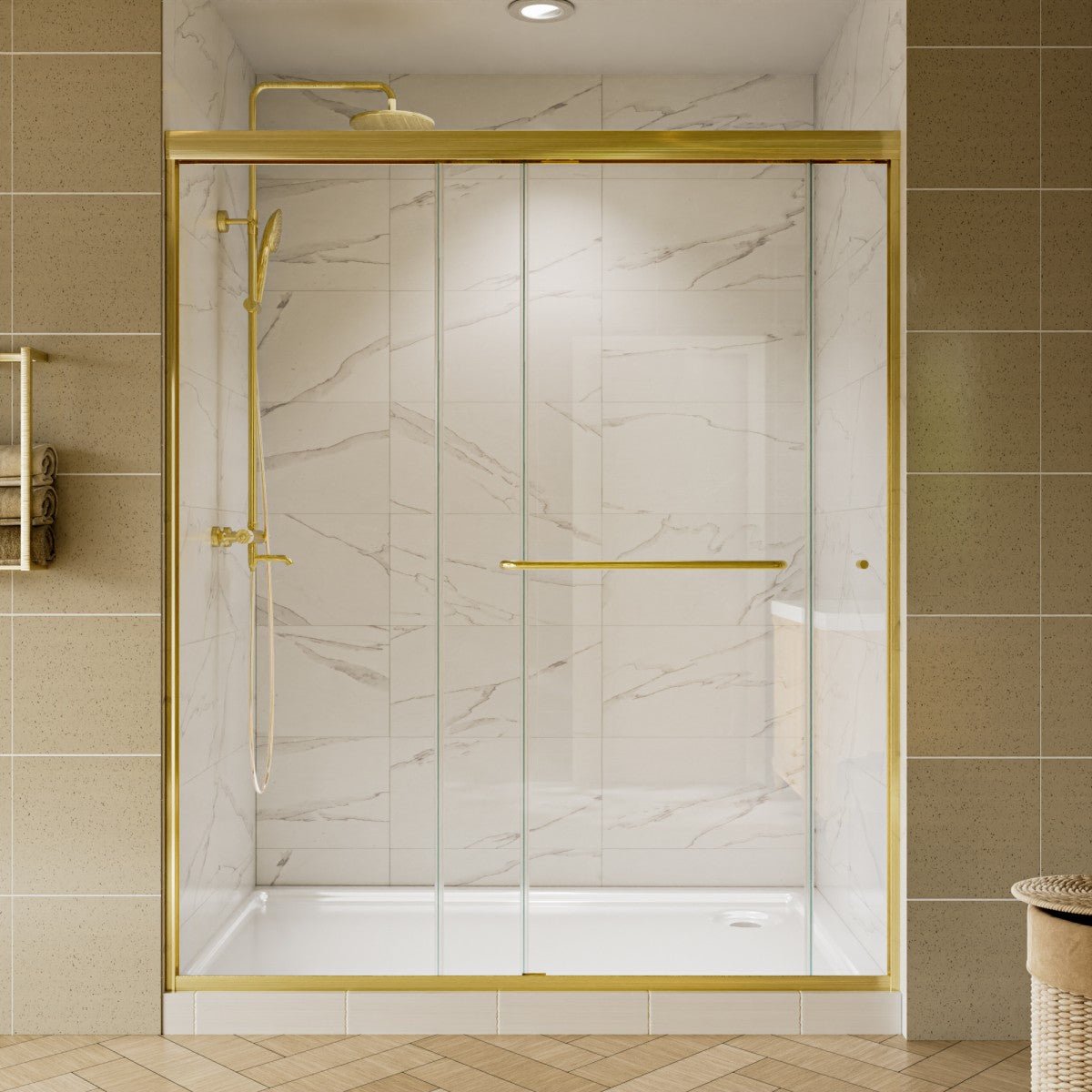 Glide 44-48" Wide x 70" Sliding Glass Shower Doors Frame in Brushed Gold,Clear Tempered Glass