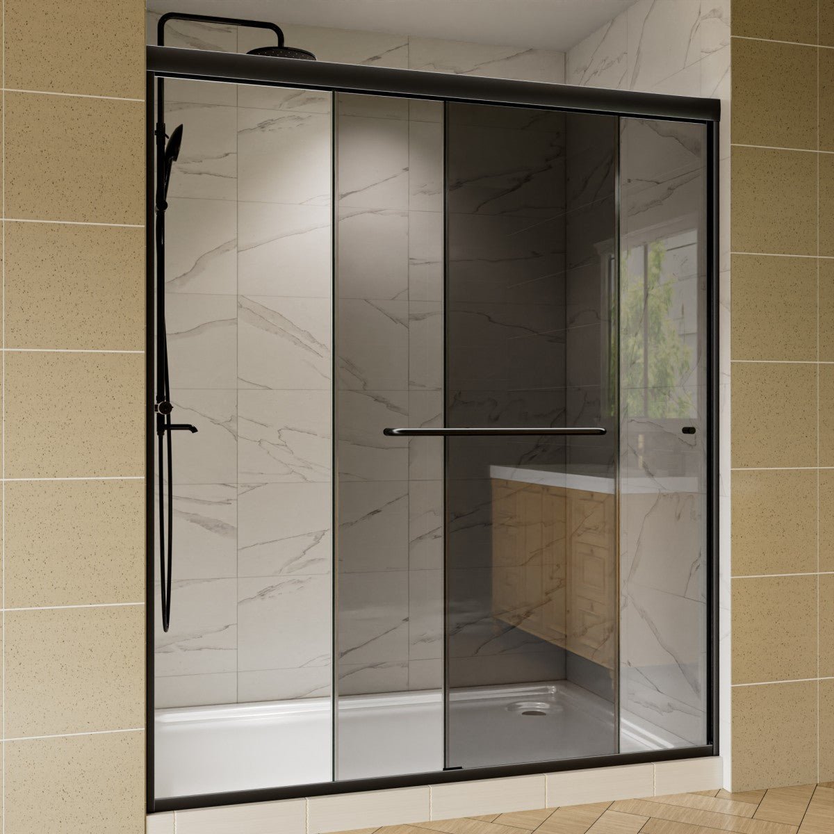 Modern shower enclosure with black frame and sliding glass doors in a bathroom setting.