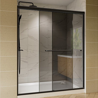 Modern shower enclosure with black frame and sliding glass doors in a bathroom setting.