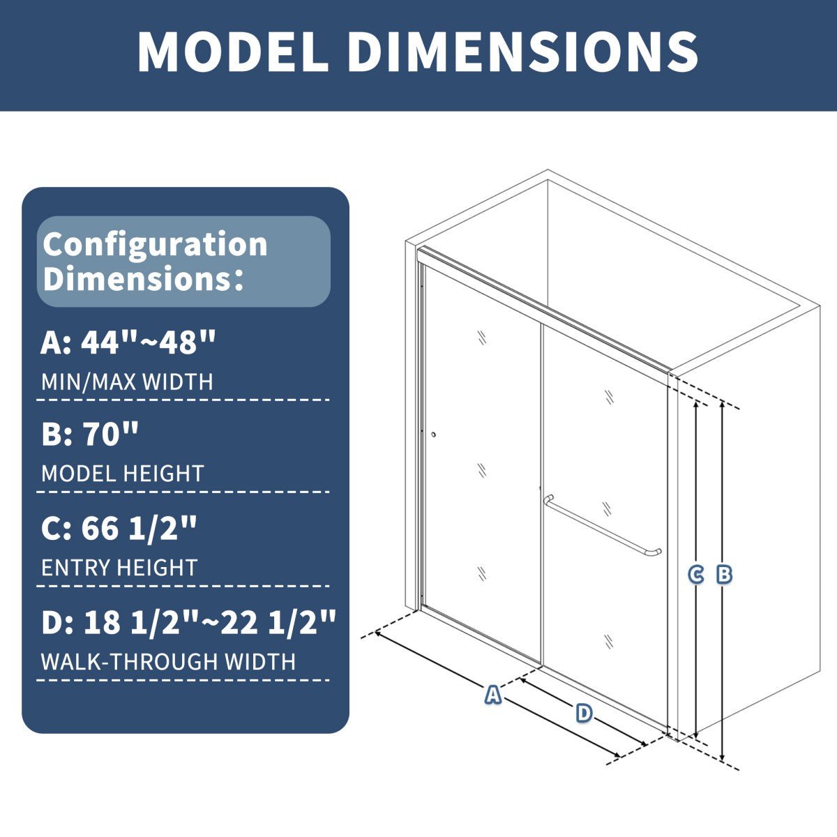 Model dimensions chart for a shower enclosure with labeled dimensions.