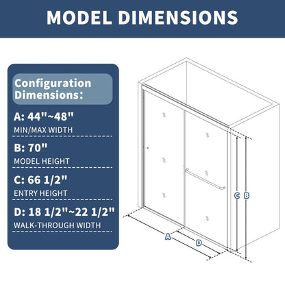 Model dimensions chart for a shower enclosure with labeled dimensions.
