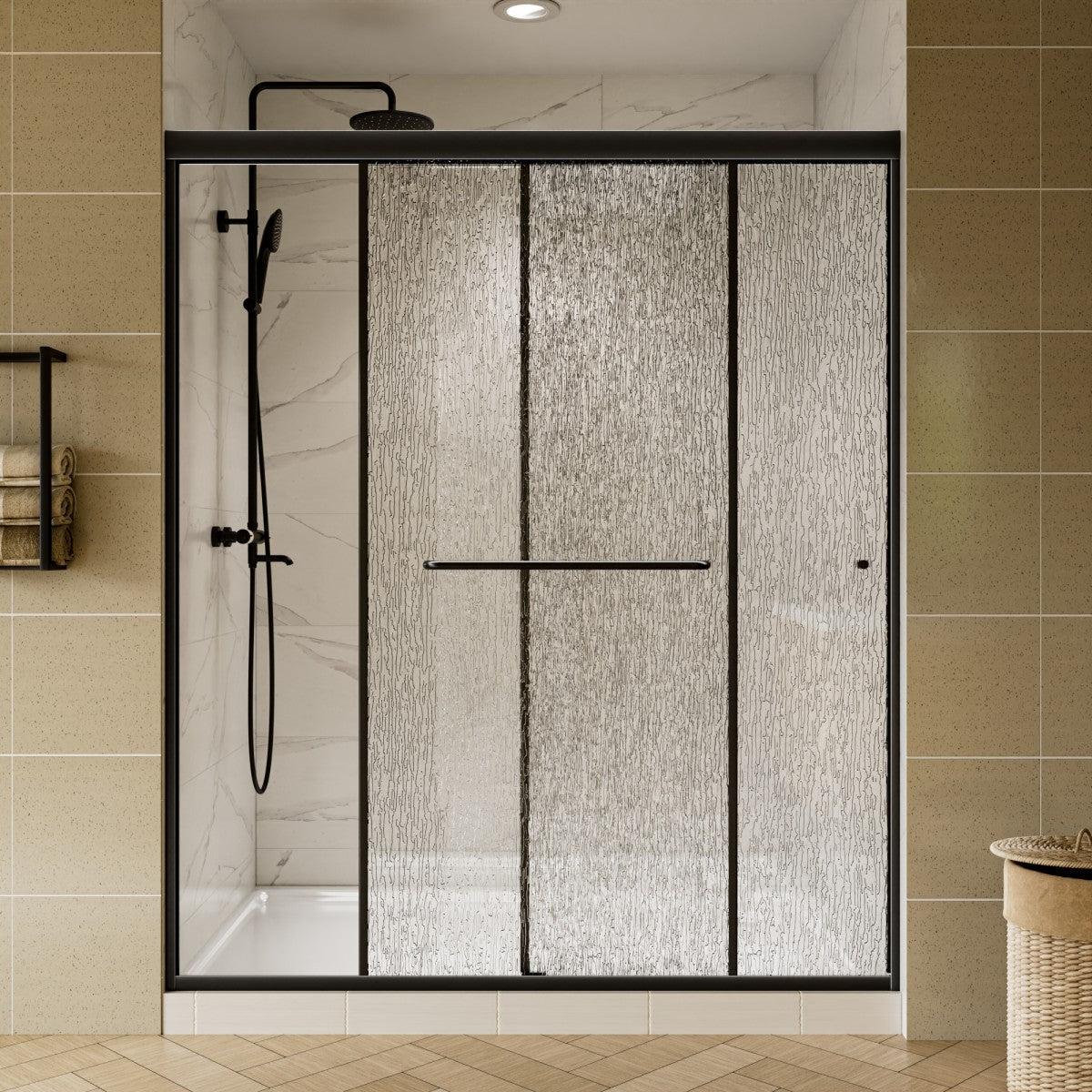 Modern shower enclosure with textured glass door in a bathroom setting.