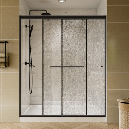 Modern shower enclosure with textured glass door in a bathroom setting.