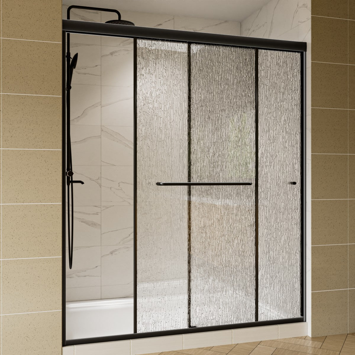 Shower enclosure with black frame and textured glass doors in a tiled bathroom.