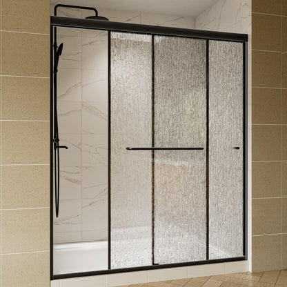 Shower enclosure with black frame and textured glass doors in a tiled bathroom.