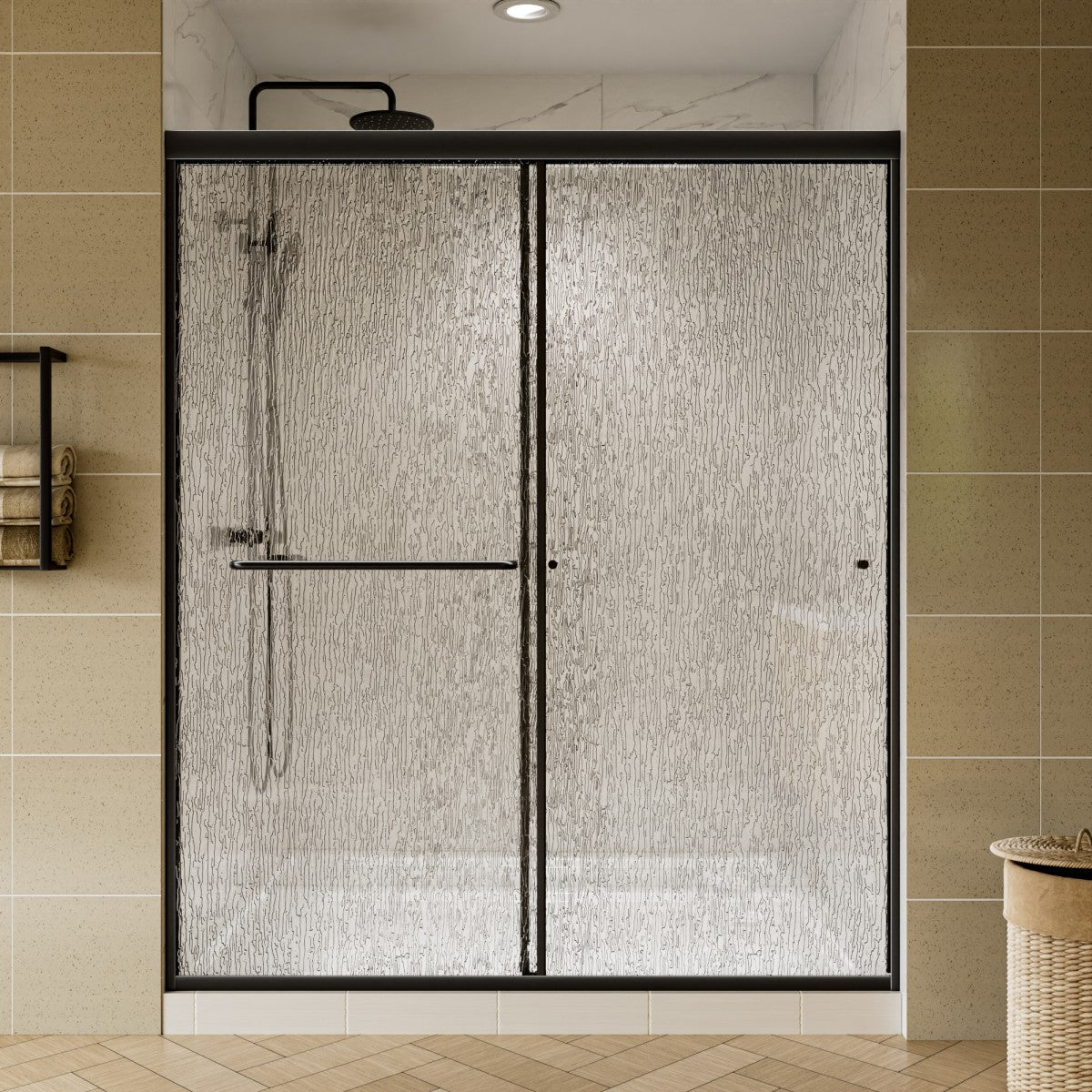 Modern shower enclosure with textured glass door in a bathroom setting.