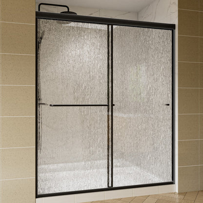 Shower enclosure with textured glass and black frame in a tiled bathroom.