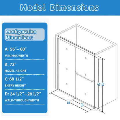 Glide Semi - Frameless Shower Door 56 - 60 in. W x 72 in. H Bypass Sliding Shower Enclosure,Matte Black,Double Sliding Glass Bathroom Doors