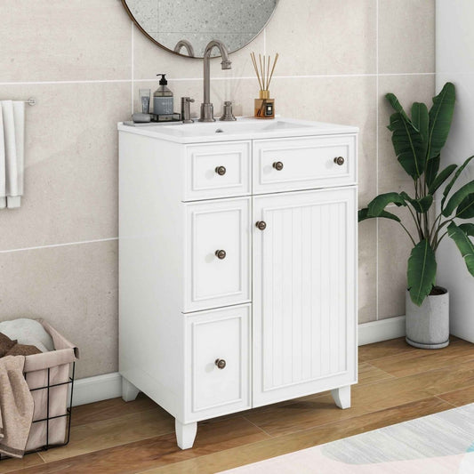 Exbrite 24-Inch White Bathroom Vanity with Ceramic Sink and Soft-Close Storage