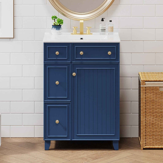 Exbrite 24-Inch Blue Bathroom Vanity with Ceramic Sink and Soft-Close Storage